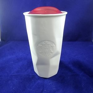 Starbucks 2013 White Crumpled Tumbler Ceramic 10oz Travel Cup Red Lid Co…